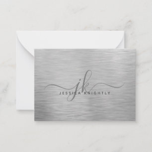 Elegant Brushed Metallic Silver Script Monogram Note Card