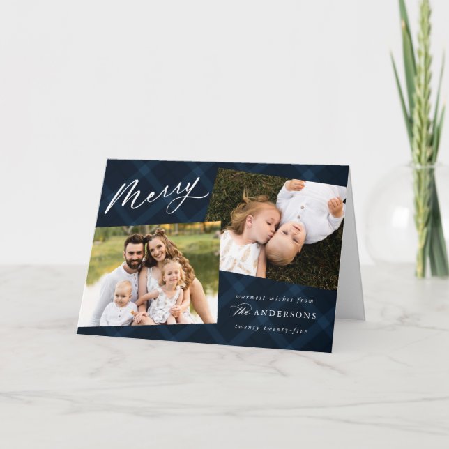 Elegant Brushed Navy Plaid 4 Photo Holiday Card (Front)