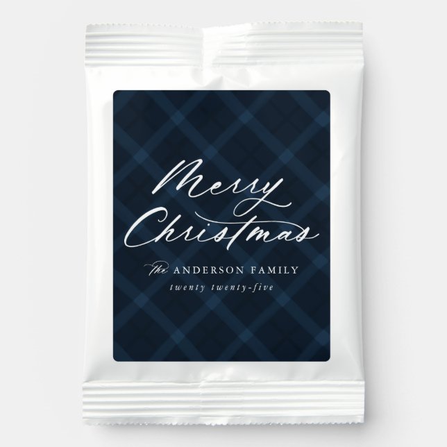 Elegant Brushed Navy Plaid Merry Christmas Hot Chocolate Drink Mix (Front)