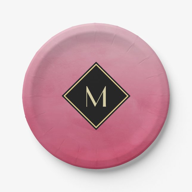 Elegant Brushed Pink With Simple Gold Monogram Paper Plates (Front)