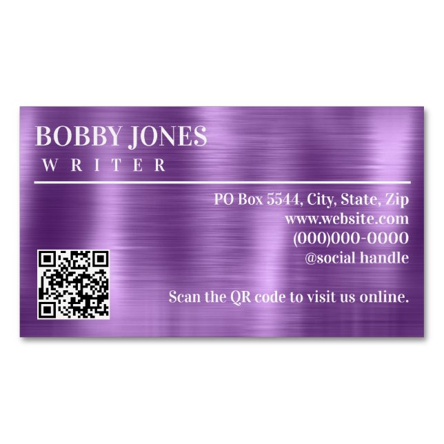 Elegant Brushed Purple Foil Metallic QR Code Business Card Magnet (Front)