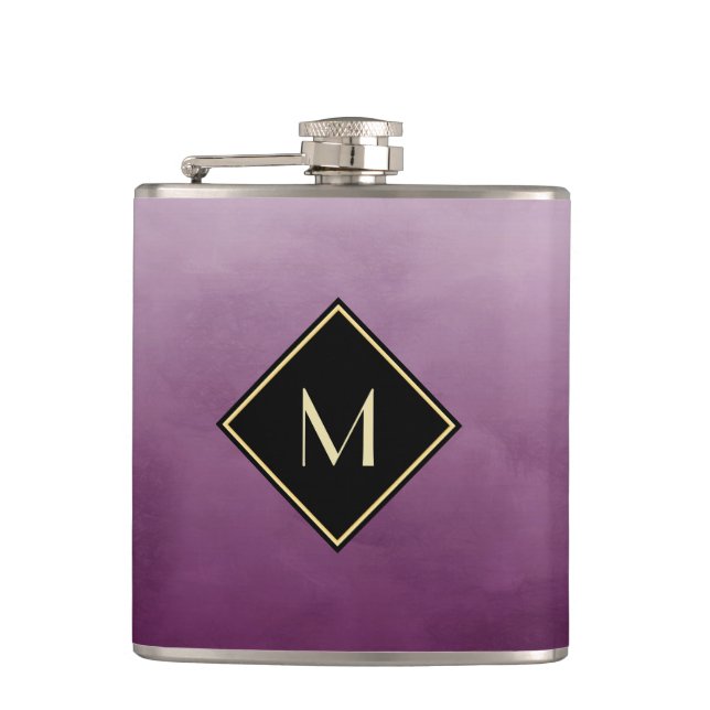 Elegant Brushed Purple With Simple Gold Monogram Flask (Front)