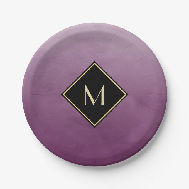 Elegant Brushed Purple With Simple Gold Monogram Paper Plates (Front)