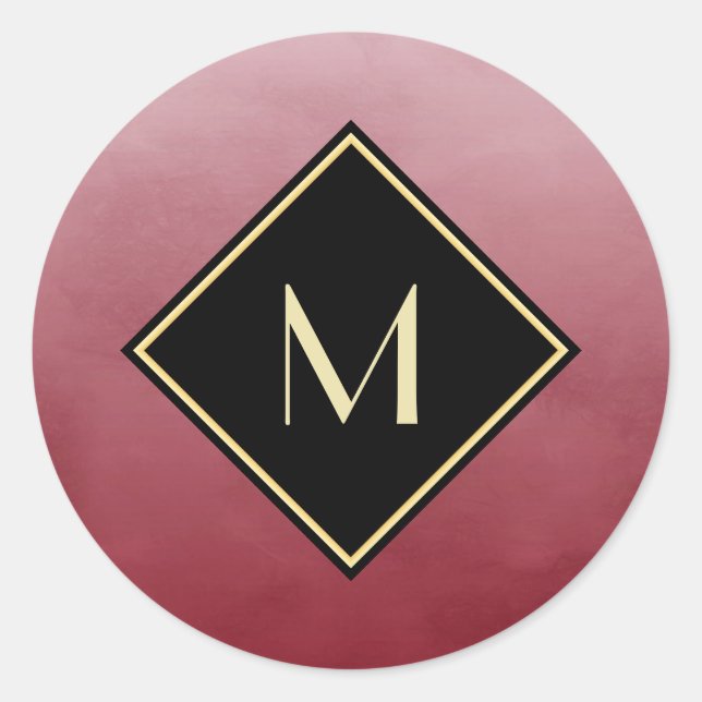 Elegant Brushed Red With Simple Gold Monogram Classic Round Sticker (Front)