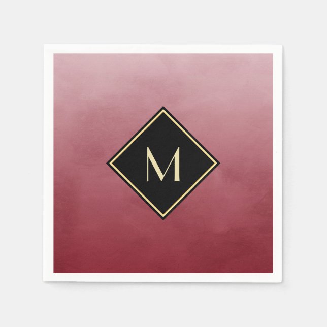 Elegant Brushed Red With Simple Gold Monogram Paper Napkins (Front)