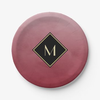 Elegant Brushed Red With Simple Gold Monogram Paper Plates by ohsogirly at Zazzle