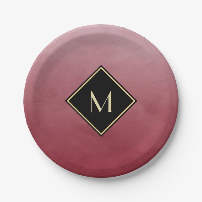 Elegant Brushed Red With Simple Gold Monogram Paper Plates (Front)