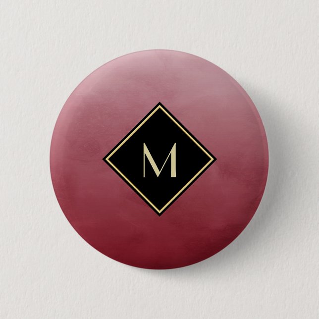 Elegant Brushed Red With Simple Gold Monogram Pinback Button (Front)