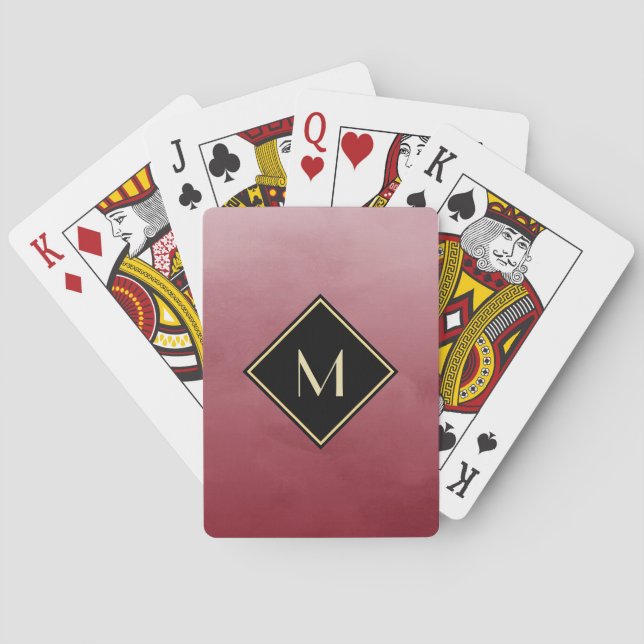 Elegant Brushed Red With Simple Gold Monogram Poker Cards (Back)