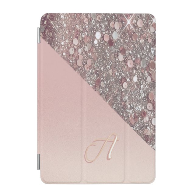 Elegant Brushed Rose Gold Foil & Glitter Monogram iPad Mini Cover (Front)