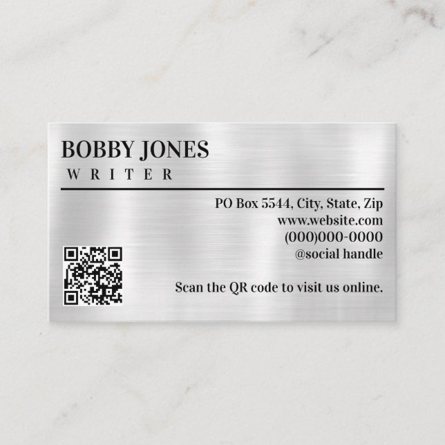 Elegant Brushed Silver Foil Metallic QR Code Business Card (Front)