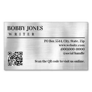 Elegant Brushed Silver Foil Metallic QR Code Business Card Magnet