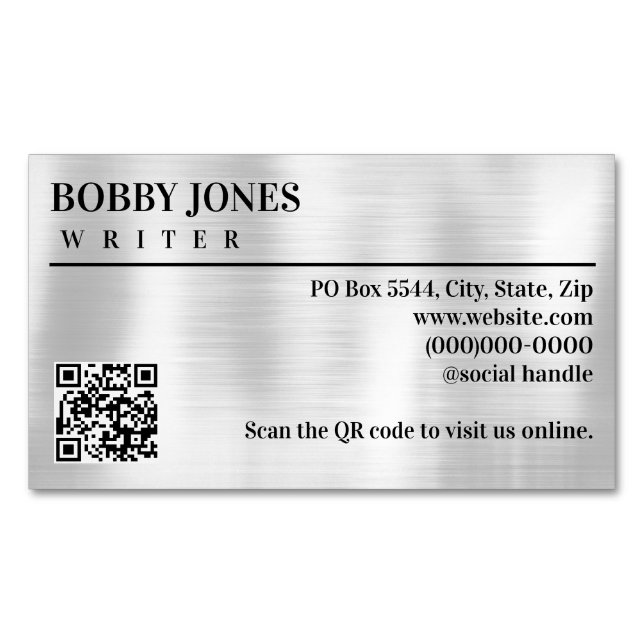 Elegant Brushed Silver Foil Metallic QR Code Business Card Magnet (Front)