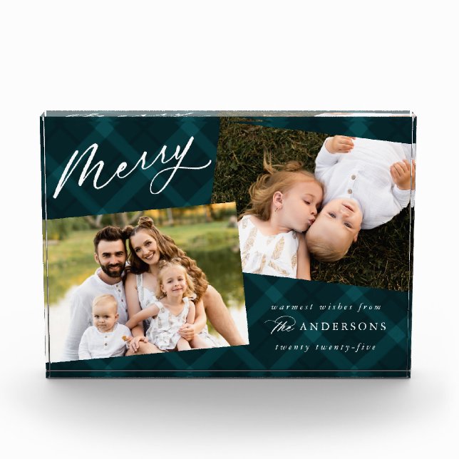 Elegant Brushed Teal Plaid Holiday Photo Block (Front)