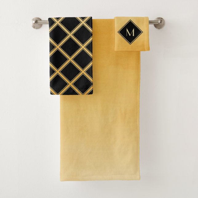 Elegant Brushed Yellow With Simple Gold Monogram Bath Towel Set (Insitu)