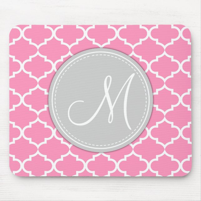 Elegant Bubblegum Pink Quatrefoil with Monogram Mouse Pad (Front)