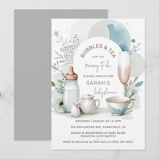 Elegant Bubbles and Tea Baby Shower Green Invitation (Front/Back)