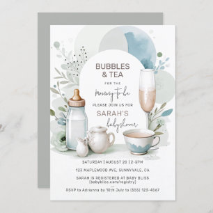 Elegant Bubbles and Tea Baby Shower Green Invitation