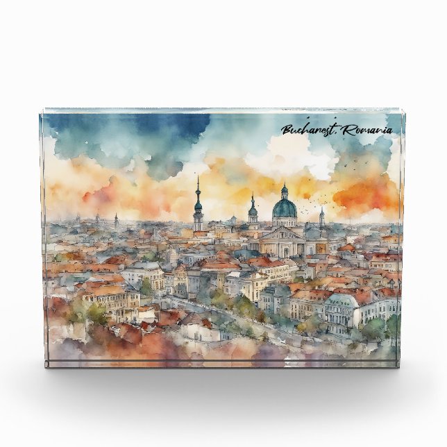 Elegant Bucharest Romania Watercolor City View Photo Block (Front)