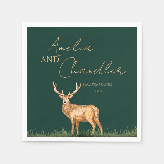 Elegant Buck Deer Christmas Family Name Napkins (Front)