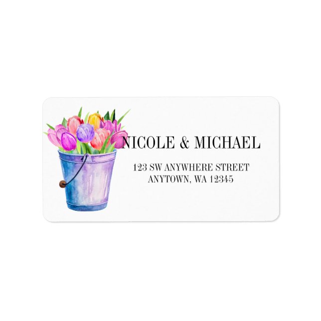 Elegant bucket full  of watercolor tulips wedding label (Front)