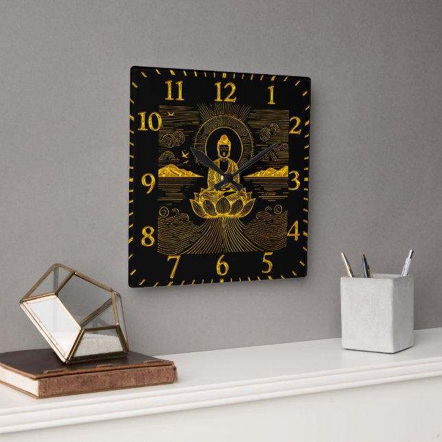 Elegant Buddha Surrounded by Waves and Mountains Square Wall Clock (Office)