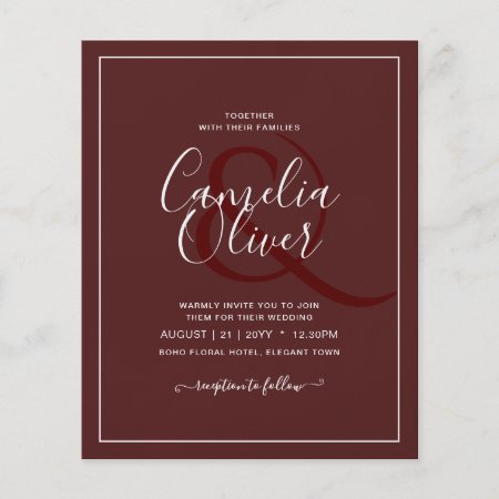 Elegant BUDGET Burgundy Monochrome Wedding Simple  Flyer