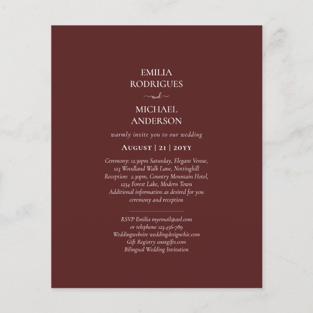 Elegant BUDGET Burgundy Monochrome Wedding Simple  Flyer (Front)
