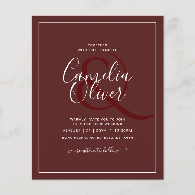 Elegant BUDGET Burgundy Monochrome Wedding Simple  Flyer (Front)