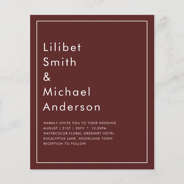 Elegant BUDGET Burgundy Monochrome Wedding Simple  Flyer (Front)