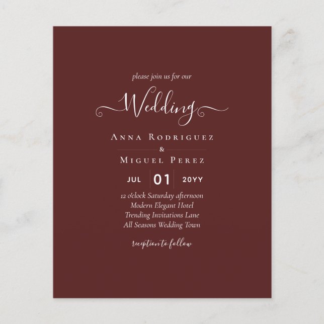 Elegant BUDGET Burgundy Monochrome Wedding Simple  Flyer (Front)