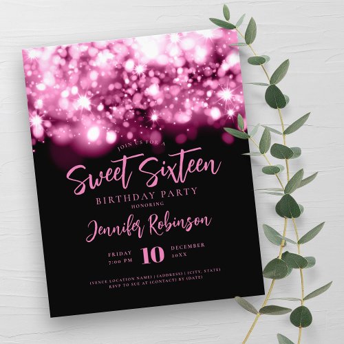 Elegant Budget Hot Pink Sparkle Sweet 16 Invite  Flyer