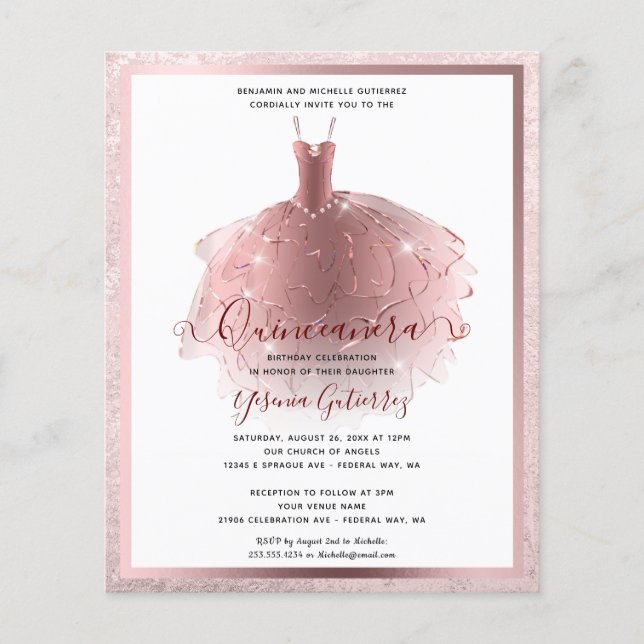 Elegant Budget Rose Gold Quinceañera Dress Invite (Front)