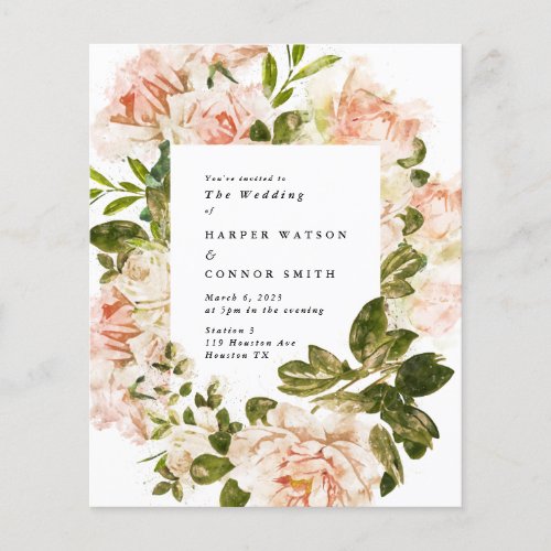 Elegant Budget Rose Romance Watercolor Wedding Flyer