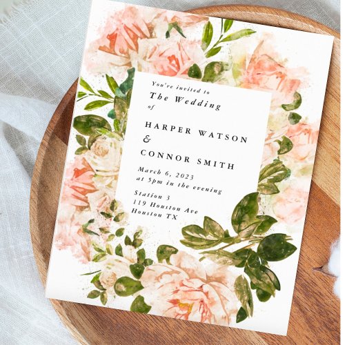 Elegant Budget Rose Watercolor Wedding Invitation
