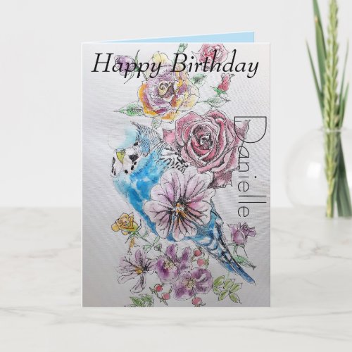 Elegant Budgie and Rose Watercolour Birthday Card