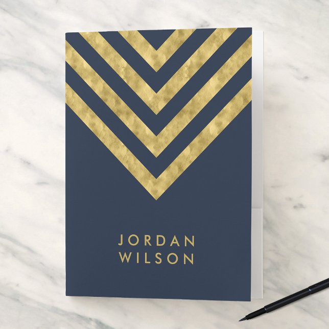 Elegant Bue and Faux Gold Chevron Name Pocket Folder (Creator Uploaded)