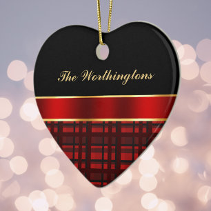 Elegant Buffalo Plaid and Red Ribbon Ceramic Ornament