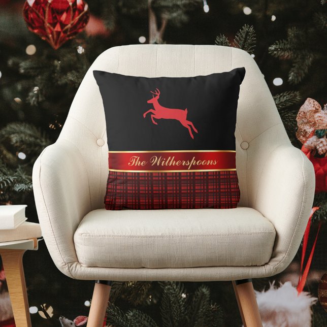 Elegant Buffalo Plaid and Red Ribbon with Reindeer Throw Pillow (Creator Uploaded)