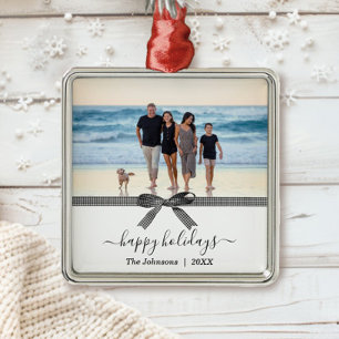 Elegant buffalo plaid bow black and white metal ornament