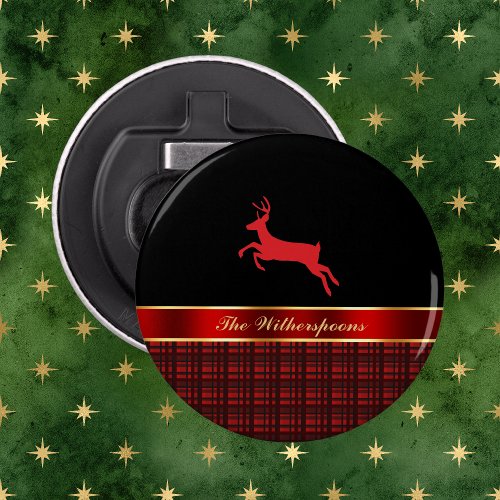 Elegant Buffalo Plaid with Reindeer and Red Ribbon Bottle Opener