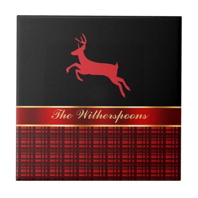 Elegant Buffalo Plaid with Reindeer and Red Ribbon Ceramic Tile (Front)