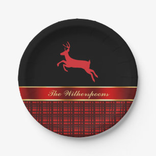 Elegant Buffalo Plaid with Reindeer and Red Ribbon Paper Plates