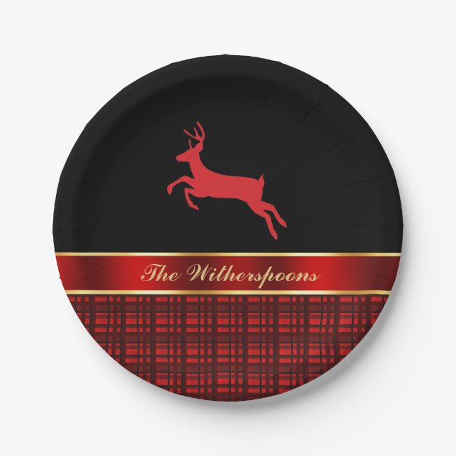 Elegant Buffalo Plaid with Reindeer and Red Ribbon Paper Plates (Front)