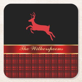 Elegant Buffalo Plaid with Reindeer and Red Ribbon