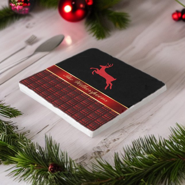 Elegant Buffalo Plaid with Reindeer and Red Ribbon Trivet (Creator Uploaded)