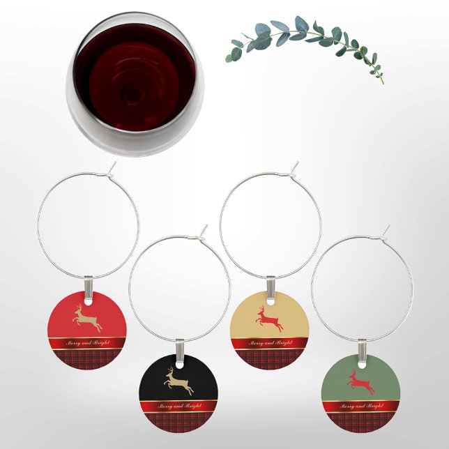 Elegant Buffalo Plaid with Reindeer and Red Ribbon Wine Charm (Creator Uploaded)