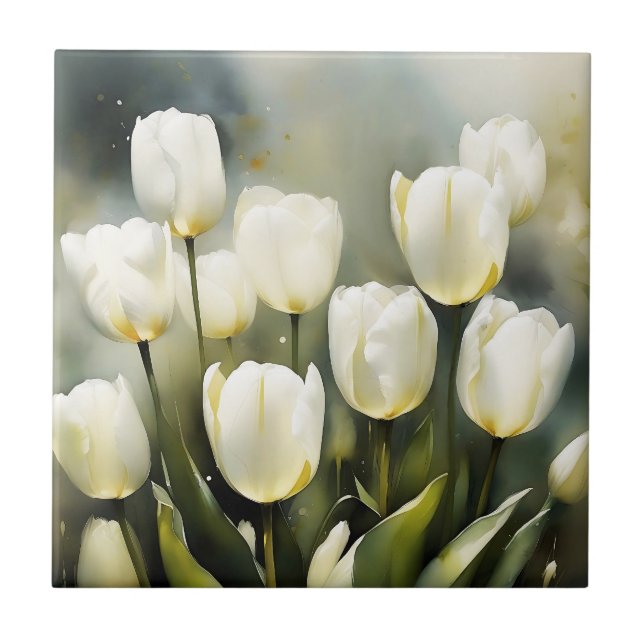 Elegant bunch of White Tulips  in a Serene Garden  Ceramic Tile (Front)