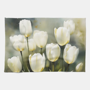 Elegant bunch of White Tulips  in a Serene Garden  Kitchen Towel