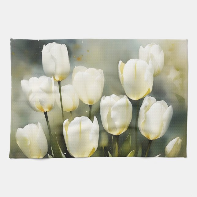 Elegant bunch of White Tulips  in a Serene Garden  Kitchen Towel (Horizontal)